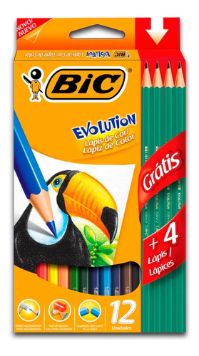 Bic Evolution 12 Cores + 4 Lápis Desenho Grafite Ponta Forte