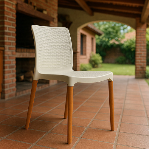 Pack X2 Silla Reforzada India Ratan Plastico Patas Madera Blanco