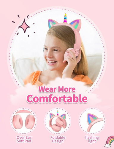 Audífonos De Diadema Ajustable De Unicornio Para Niños