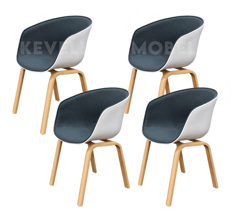 Set 4 Sillas Bilbao Plástico Terciopelo Patas Madera Eames Color de la estructura de la silla Blanco Color del asiento Gris azulado Diseño de la tela Mezclilla