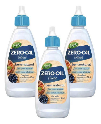 3 Adoçante Zero Cal Eritritol Frasco Líquido 65ml