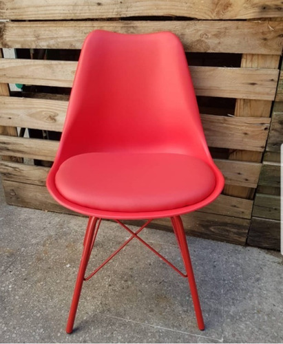 Silla Eames Base Metalica Con Almohadon Gris Blanco Negro Asiento Rojo