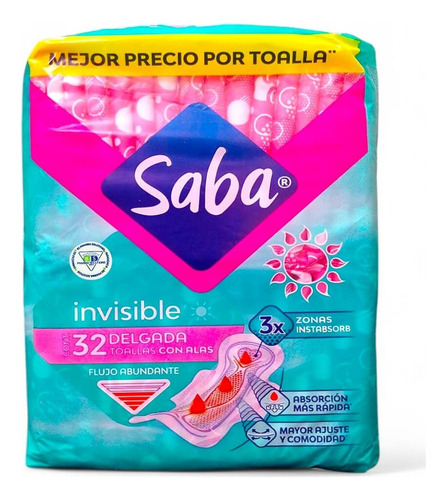 Toallas Femeninas Saba Invisible C/alas Flujo Abundante C/32