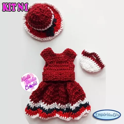 Roupa Barbie Moda Crochê Vestido + Chapéu + Bolsa [ Kit ]