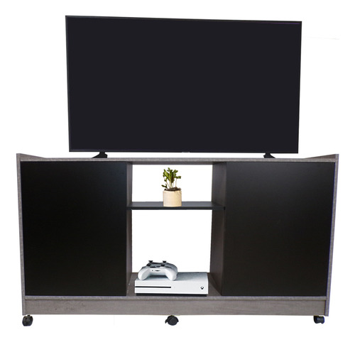Mueble Credenza Para Tv Con Ruedas Minimalista Color Lombardia / Negro Mate