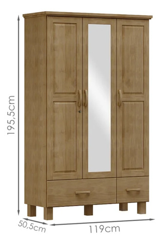 Guarda Roupa Madeira Maciça 3p 2g Espelho 119 Cm 1141 Freijo