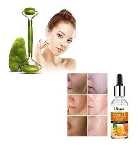 Set Rutina Facial Vitamina C + Rodillo Jade Y Piedra Guasha