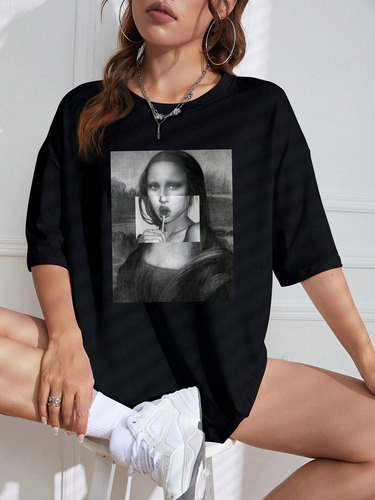 Camiseta De Hombros Caídos Mona Lisa Con Estampado