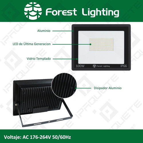 Imagen 6 de 7 de Reflector Led 100w Exterior Proyector Luz Fría Cálida Verde
