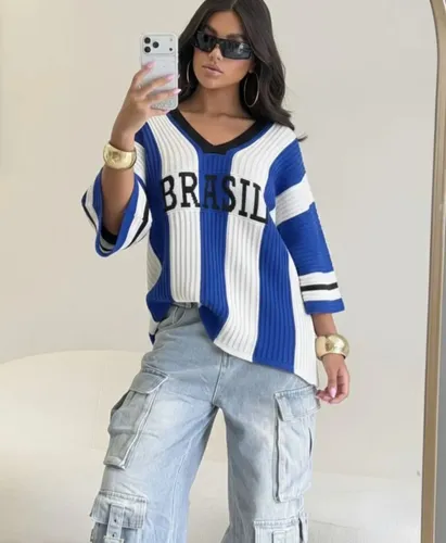 Blusa Tricot Brasil Listrada Oversized Feminina Maxi Copa