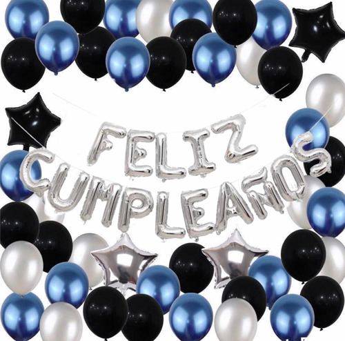 Set De Globos Feliz Cumpleaños Con Estrellas Azul Con Negro