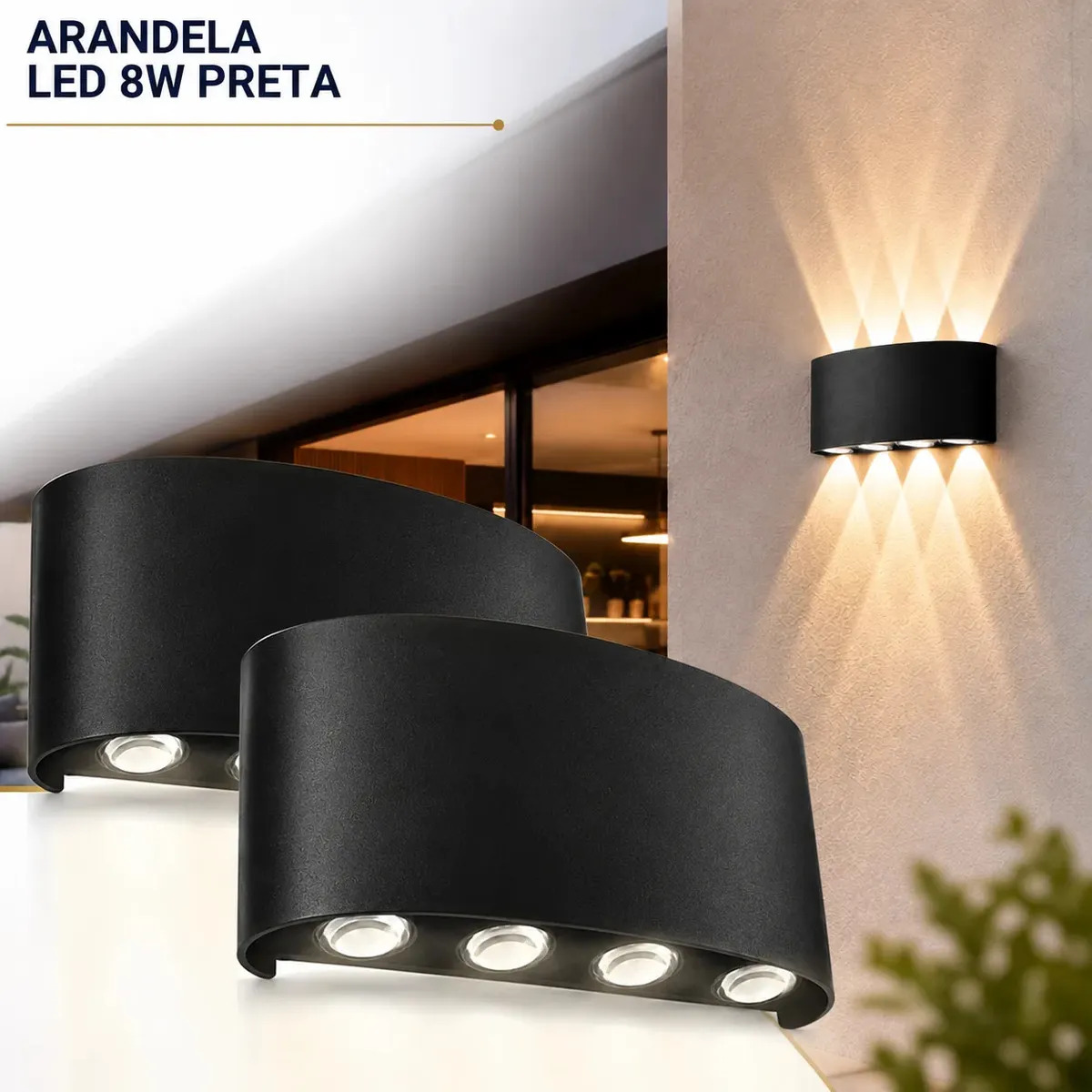 Kit 2 Luminaria Arandela Led 8 Fachos 8w Externo Estrutura Preto 110v/220v - Camperluz