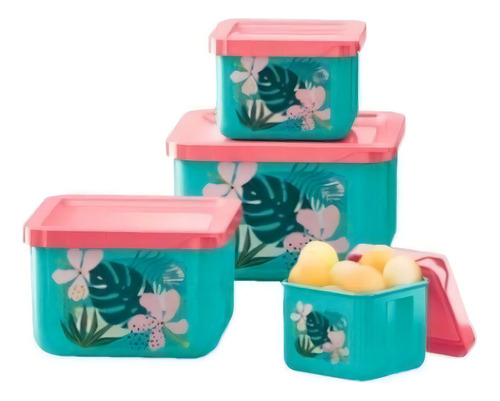 Kit 4 Potes Quadrados Decorados Coleção Flores & Folhas Avon