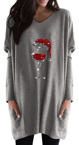 Top Casual Para Mujer Blusa Cuello V Estampado Feliz Navidad