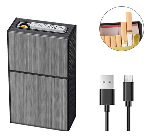 Cigarrera Porta Cigarro Con Encendedor Electronico Usb Grafito