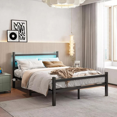 Metal Cama Queen Size Cabecera Luces Led Usb Recamara210x154