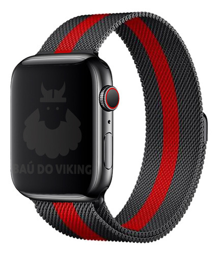 Pulseira Magnética Aço Milanês Compatível Com Apple Watch Cor Preto/vermelho Largura 38 Mm