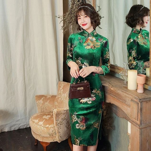Vestido Chino Verde Tradicional Qipao Terciopelo Manga Larga