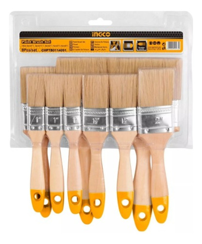 Set De Brochas 9 Piezas, Mango De Madera Pelo Blanco Ingco