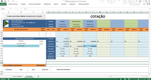 Planilha Para Cotação De Preços - Compara Até 10 Cotações