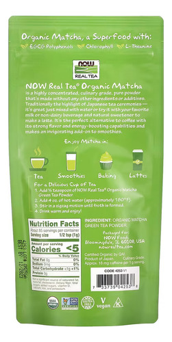 Now Foods Real Tea Té Verde Matcha Orgánico En Polvo 85 G