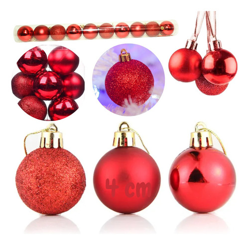 Tubo 20 Bolas Enfeite Natal Decoração Árvore Pendurar 4 Cm Cor Vermelho Tri tons lisa fosca gliter