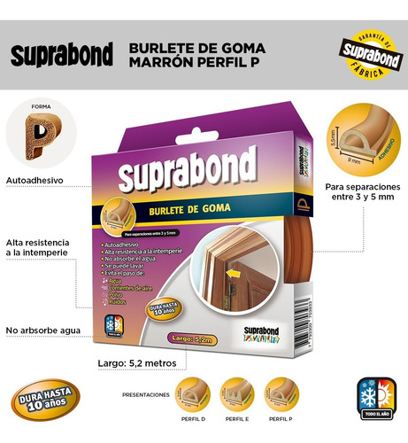 Imagen 2 de 7 de Burlete Autoadhesivo Suprabond De Goma Perfil P Color Marrón