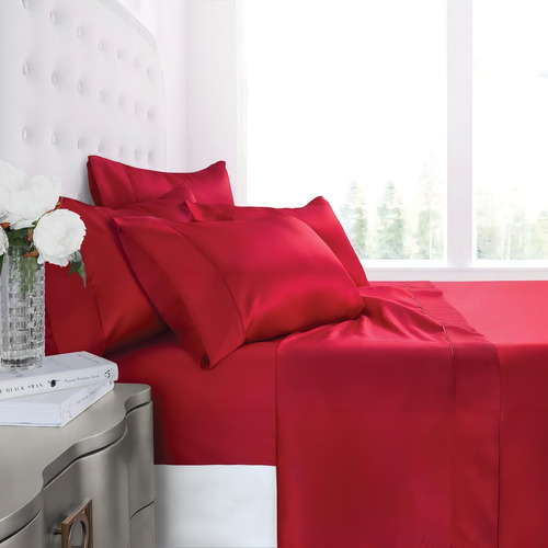 Sabana Lujosa De Satin King Size Color Rojo Diseño De La Tela Satinado