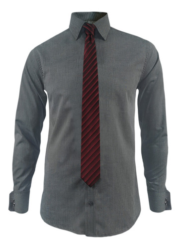 Camisa Formal Gris Puño Para Mancornas Manga Larga  Hombre