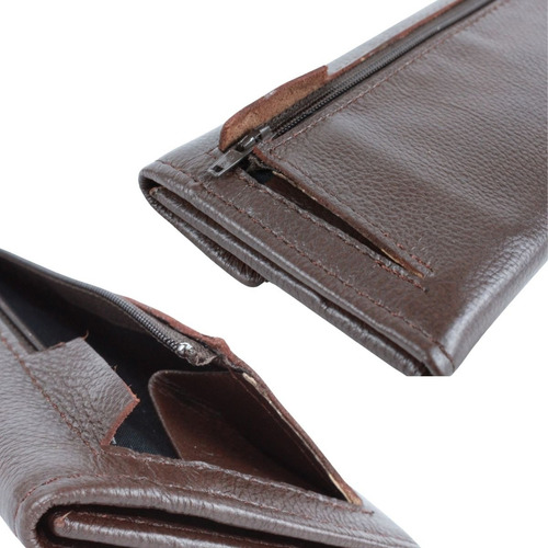 Cartera Tarjetero Monedero Mujer Cuero Cierre Slim Billetera Color Café Diseño De La Tela Liso