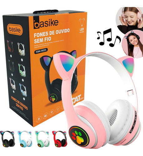 Fone Orelhas Gatinho Sem Fio Led Bluetooth Música Infantil Cor Rosa