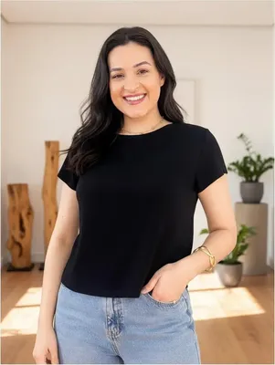 Blusa Feminina Manga Curta Viscolinho Gola Redonda Social Preto M