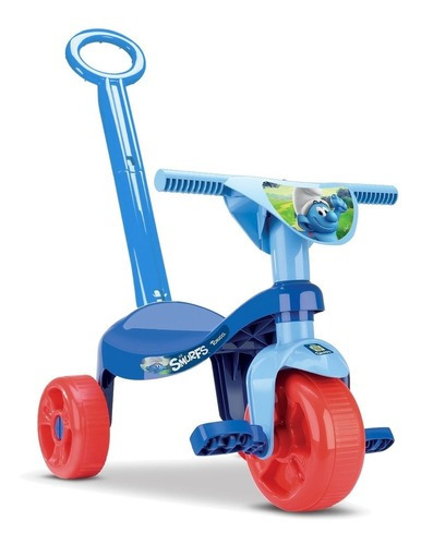 Triciclo Velotrol Infantil Smurfs Azul Samba Toys C/ Haste