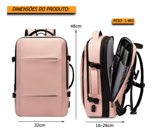 Mochila Executiva Para Viagem Expansível Entre 27-40 Litros Cor Rosa