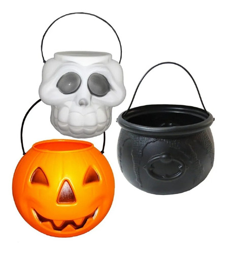 Kit Halloween Com 3 Mini Balde Cesto Caldeirão P/ Decoração