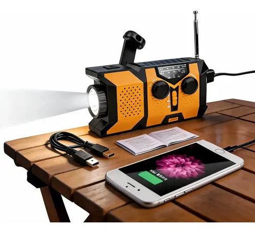 Rádio Solar De Emergência Com Lanterna E Manivela Am/fm Laranja 127/220v