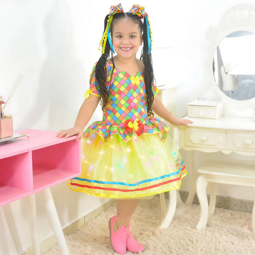 Vestido Festa Junina Xadrez Tule Amarelo Com Led + 2 Laço
