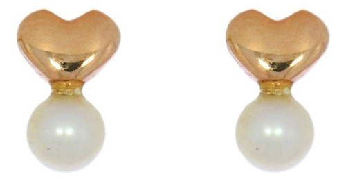 Aretes Corazón Oro 14k Con Perla Colgante Stellina Bebés Color Dorado