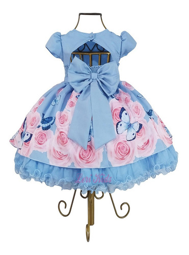 Imagem 2 de 2 de Vestido Azul Luxo Infantil Jardim Encantado Das Borboletas