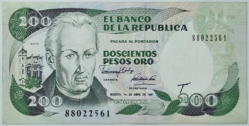 Billete 200 Pesos 01/abr/1991 Colombia Xf