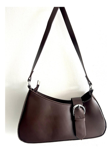 Cartera Mini Bag Marrón Chocolate Hebilla Simil Ecocuero Marrón Oscuro Lisa Plateado Marrón Oscuro