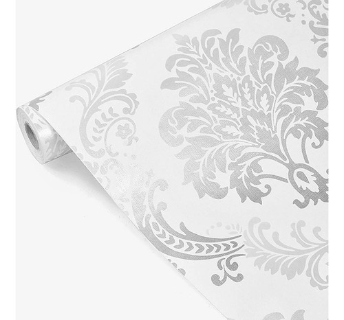 Yija Vintage White - Papel Tapiz De Damasco Floral Plateado