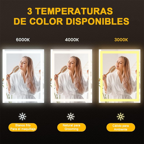 Espejo Led Para Baño 80x60cm Touch 3 Modo Con Función Antiva