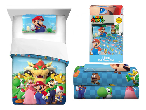 Juego Cama Mario Bros 6pz Matrimonial Edredon 2vistas Sabana Azul Mario Bros