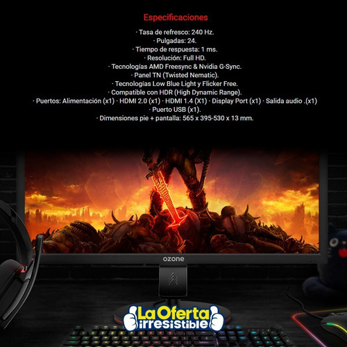 Imagen 5 de 9 de Monitor Gamer Ozone Dsp24 240hz 1ms
