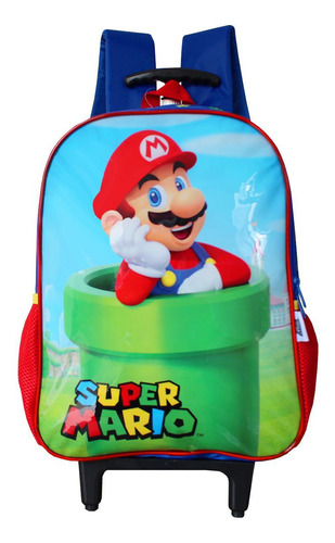 Mochila Escolar De Rodinhas Super Mario Bros World Infantil Cor Azul-claro