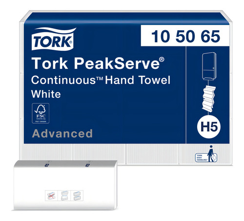 Tork Peakserve 105065 - Toalla De Mano Continua, Color Blanco H5, Avanzada, Comprimida, 12 X 410 Hojas, 105065