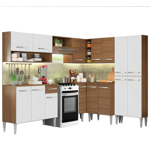 Cozinha Completa Canto Madesa Emilly ice C/ Armário E Balcão Cor Rustic/Branco