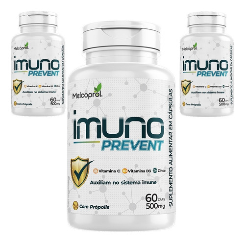 Imuno Prevent 500mg 3x 60 Cápsulas Vit C, D3, Zinco Própolis Sabor Sem Sabor