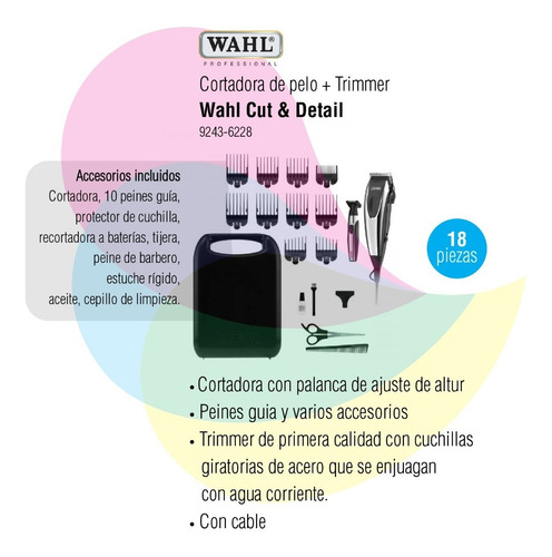 Cortadora De Pelo + Trimmer Wahl Cut & Detail 18 Piezas